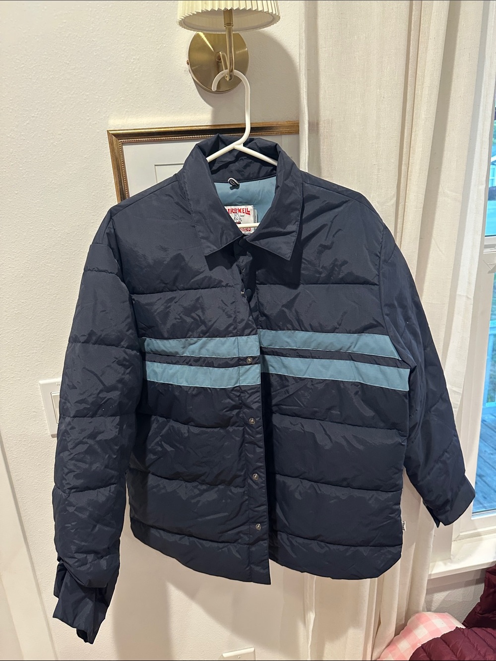 Birdwell Mens Navy Puffer Jacket with Light Blue Stripe